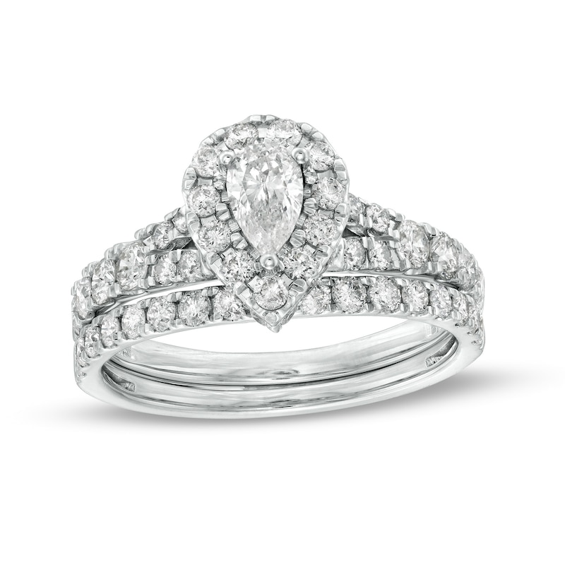 Main Image 1 of 1-1/2 CT. T.W. Pear-Shaped Diamond Frame Split Shank Bridal Set in 10K White Gold