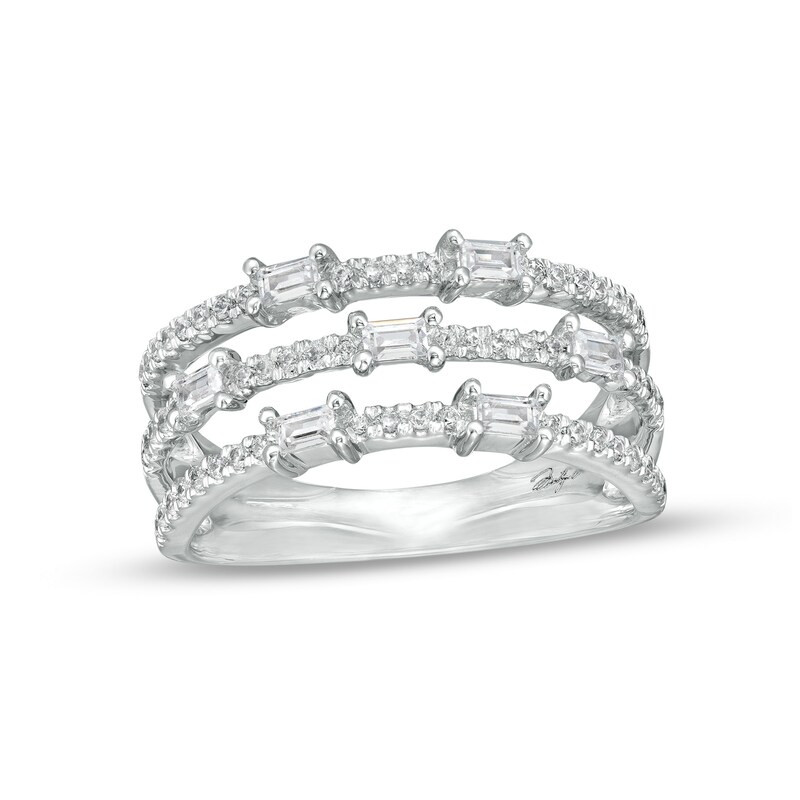 Main Image 1 of Marilyn Monroe™ Collection 1/2 CT. T.W. Baguette and Round Diamond Triple Row Band in 10K White Gold