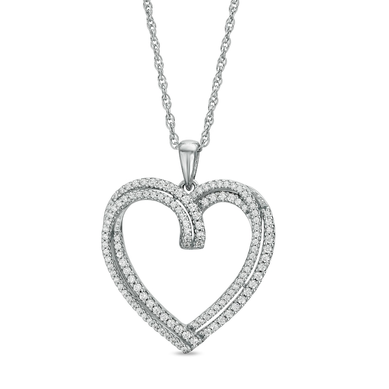 Main Image 1 of 1/2 CT. T.W. Diamond Bypass Double Row Heart Pendant in Sterling Silver