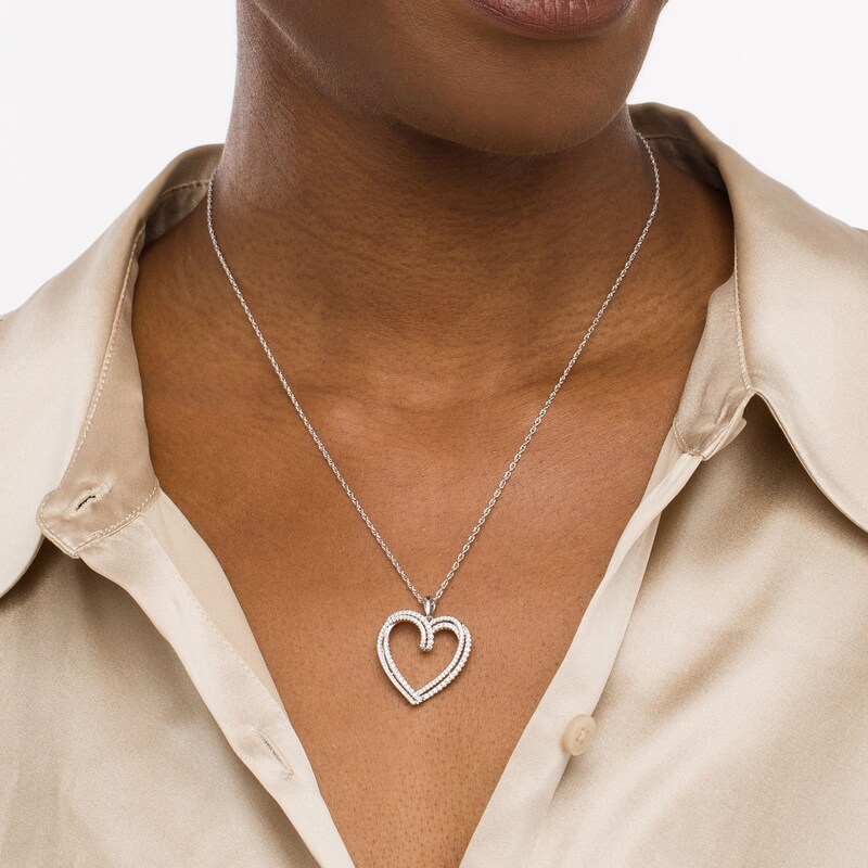 Main Image 2 of 1/2 CT. T.W. Diamond Bypass Double Row Heart Pendant in Sterling Silver