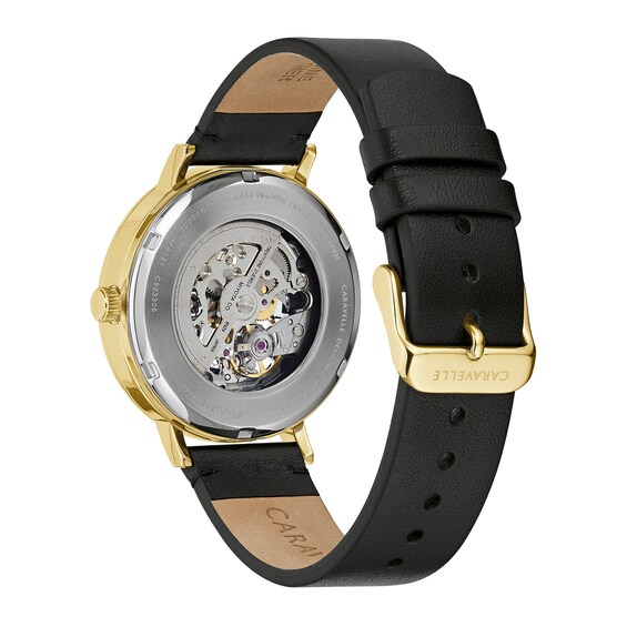 Men's Caravelle by Bulova Automatic Gold-Tone Strap Watch with Black Skeleton Dial (Model: 44A121)