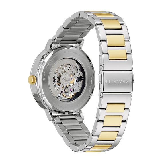 Men's Caravelle by Bulova Automatic Two-Tone Watch with Black Skeleton Dial (Model: 45A152)