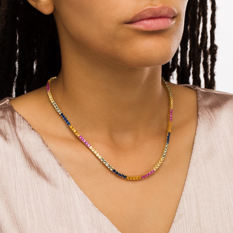 Main Image 2 of 3.0mm Multi-Color Lab-Created Sapphire Rainbow Tennis Choker Necklace in Sterling Silver with 10K Gold Plate