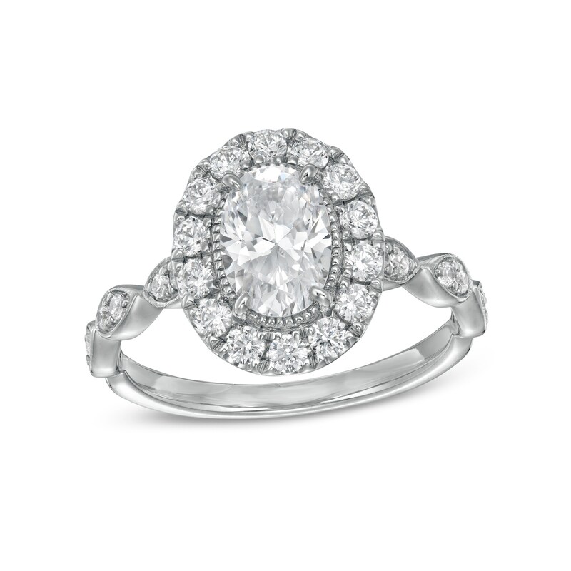 Main Image 1 of 1-1/2 CT. T.W. Certified Oval Diamond Frame Vintage-Style Engagement Ring in 14K White Gold (I/I1)