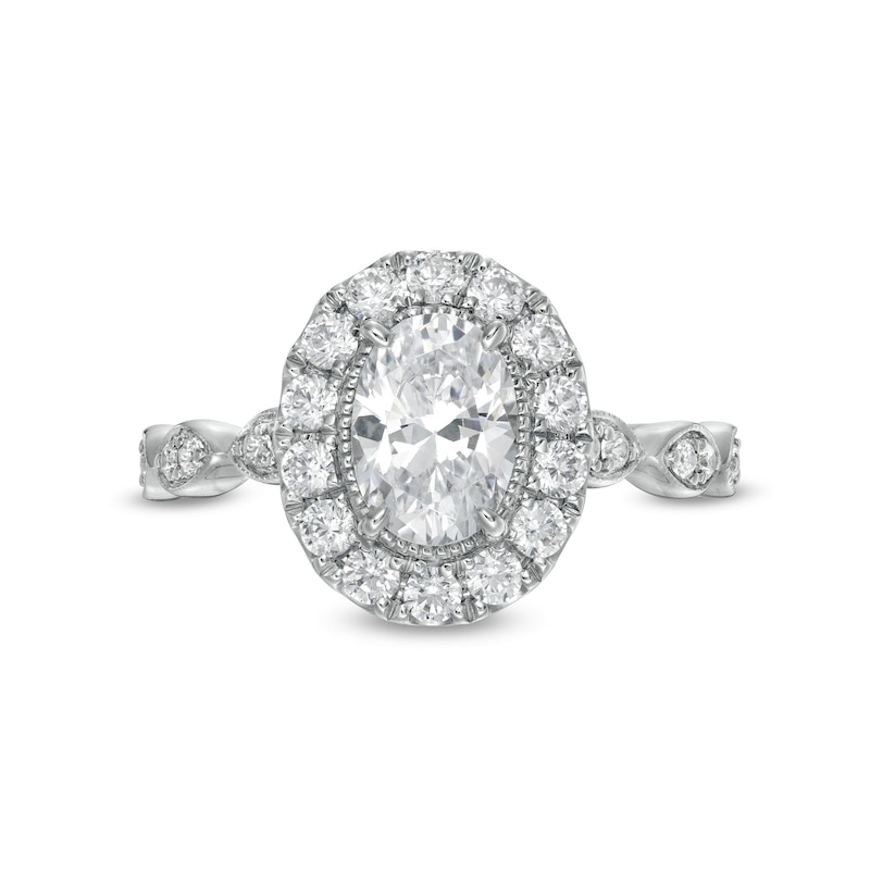 Main Image 4 of 1-1/2 CT. T.W. Certified Oval Diamond Frame Vintage-Style Engagement Ring in 14K White Gold (I/I1)