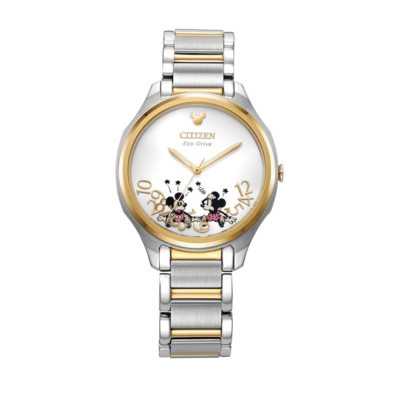 Ladies' Citizen Eco-DriveÂ® Mickey & Minnie Mouse Two-Tone Watch with Silver-Tone Dial (Model: Em0754-59W)
