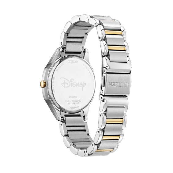 Ladies' Citizen Eco-DriveÂ® Mickey & Minnie Mouse Two-Tone Watch with Silver-Tone Dial (Model: Em0754-59W)