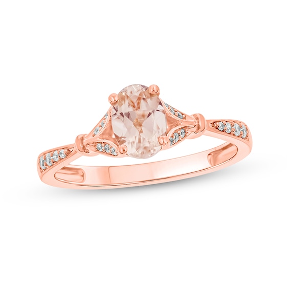 Oval Morganite and 1/15 CT. T.w. Diamond Collar Wrapped Leaf-Sides Split Shank Engagement Ring in 10K Rose Gold