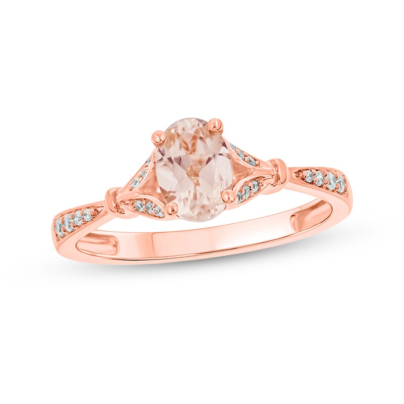 Oval Morganite and 1/15 CT. T.W. Diamond Collar Wrapped Leaf-Sides Split Shank Engagement Ring in 10K Rose Gold