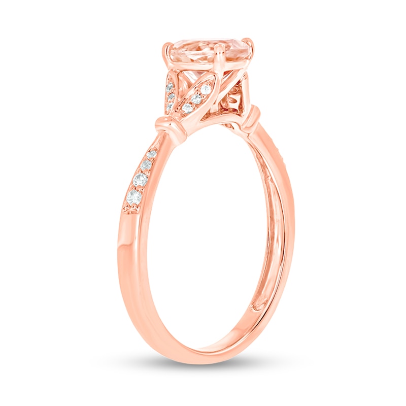 Oval Morganite and 1/15 CT. T.W. Diamond Collar Wrapped Leaf-Sides Split Shank Engagement Ring in 10K Rose Gold