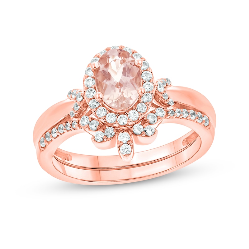 Main Image 1 of Oval Morganite and 1/3 CT. T.W. Diamond Frame and Collar Crown Bridal Set in 10K Rose Gold