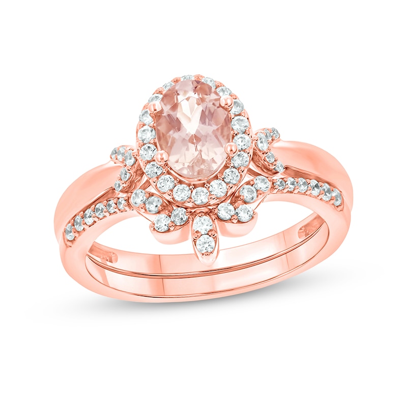 Oval Morganite and 1/3 CT. T.W. Diamond Frame and Collar Crown Bridal Set in 10K Rose Gold