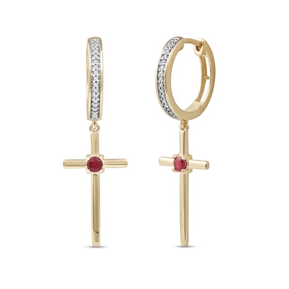 Men's 3.0mm Ruby and 1/10 CT. T.w. Diamond Cross Dangle Drop Earrings in 10K Gold