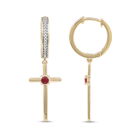 Men's 3.0mm Ruby and 1/10 CT. T.w. Diamond Cross Dangle Drop Earrings in 10K Gold