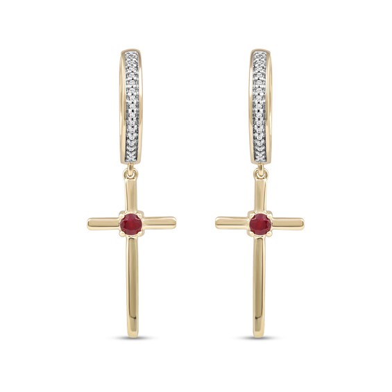 3.0mm Ruby and 1/10 CT. T.w. Diamond Cross Dangle Drop Earrings in 10K Gold