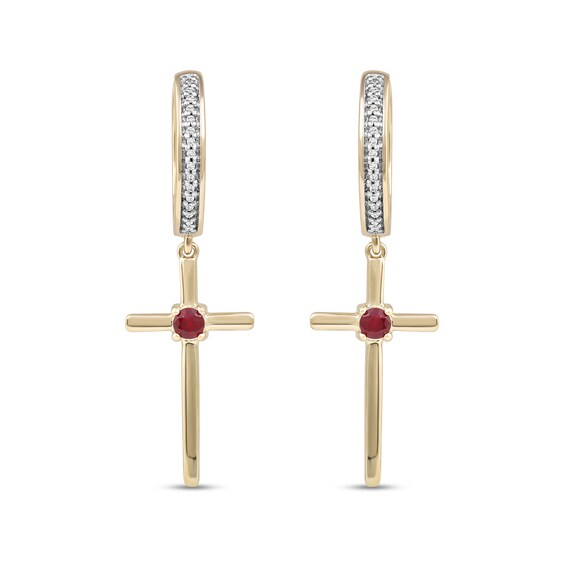 Men's 3.0mm Ruby and 1/10 CT. T.w. Diamond Cross Dangle Drop Earrings in 10K Gold