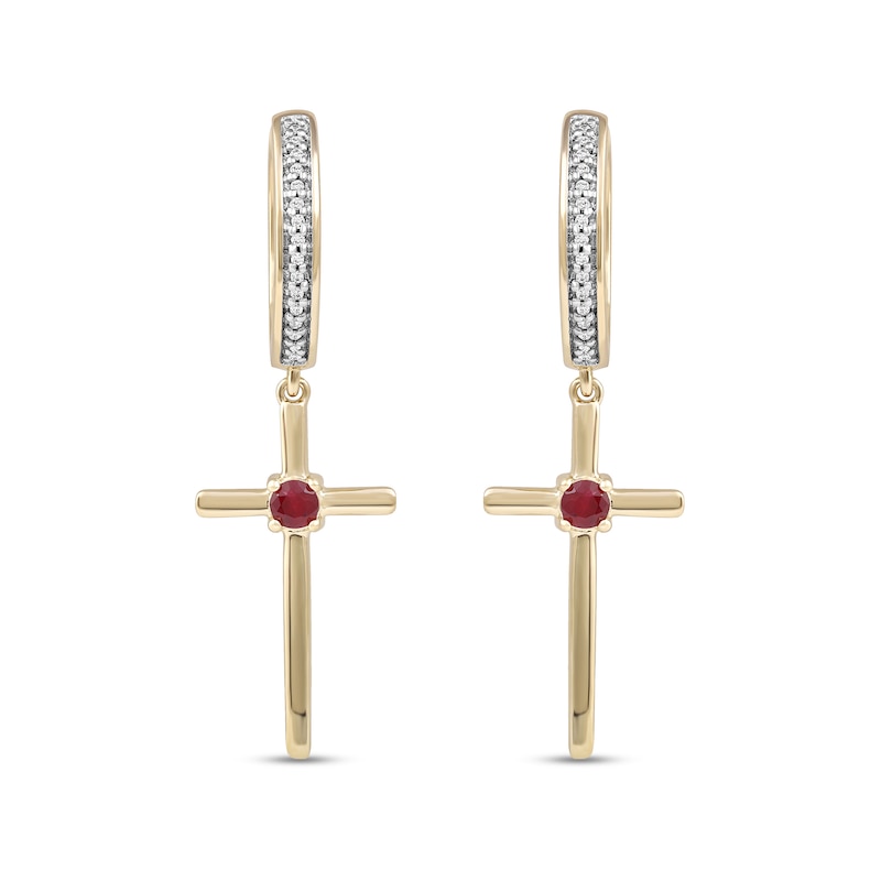 Main Image 3 of 3.0mm Ruby and 1/10 CT. T.W. Diamond Cross Dangle Drop Earrings in 10K Gold
