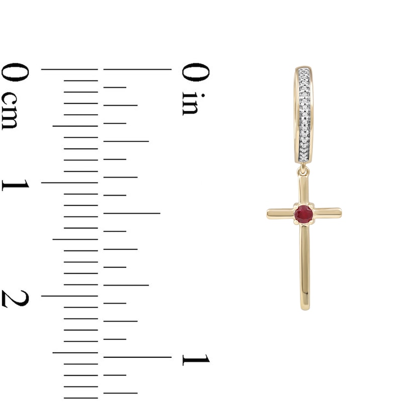 Main Image 4 of 3.0mm Ruby and 1/10 CT. T.W. Diamond Cross Dangle Drop Earrings in 10K Gold