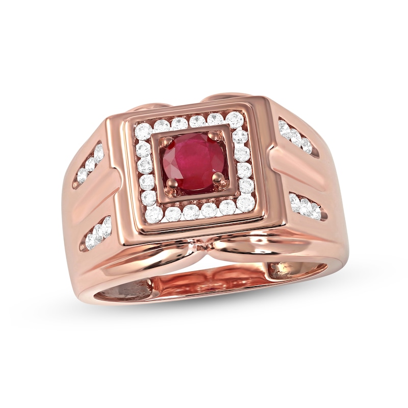 Main Image 1 of 5.0mm Ruby and 1/2 CT. T.W. Diamond Square Frame Double Row with Groove Shank Ring in 10K Rose Gold