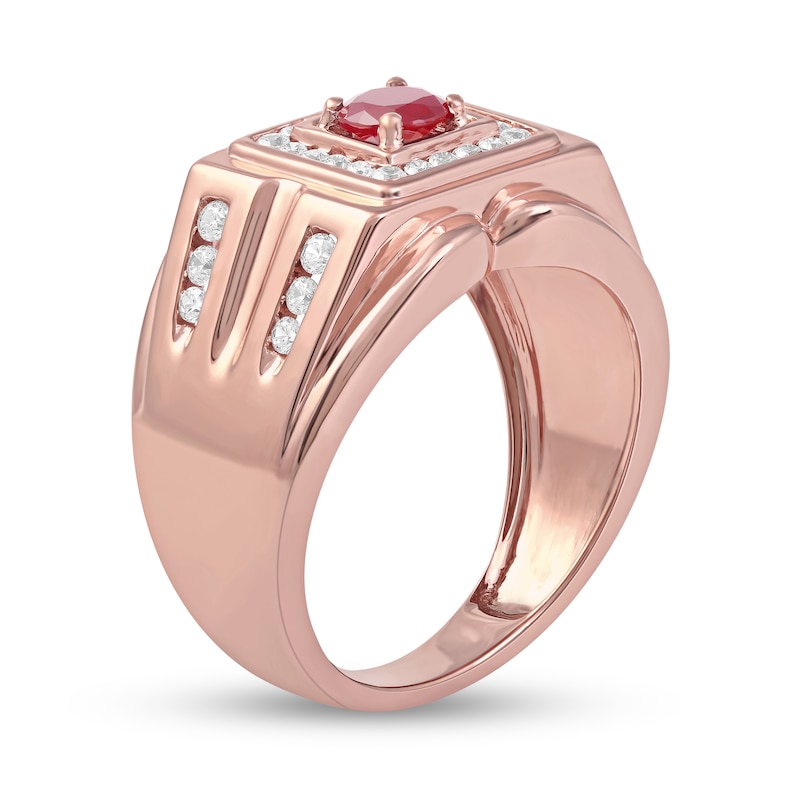 Main Image 2 of 5.0mm Ruby and 1/2 CT. T.W. Diamond Square Frame Double Row with Groove Shank Ring in 10K Rose Gold