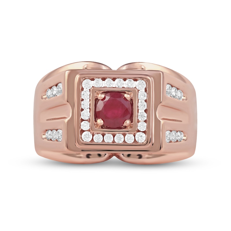 Main Image 3 of 5.0mm Ruby and 1/2 CT. T.W. Diamond Square Frame Double Row with Groove Shank Ring in 10K Rose Gold