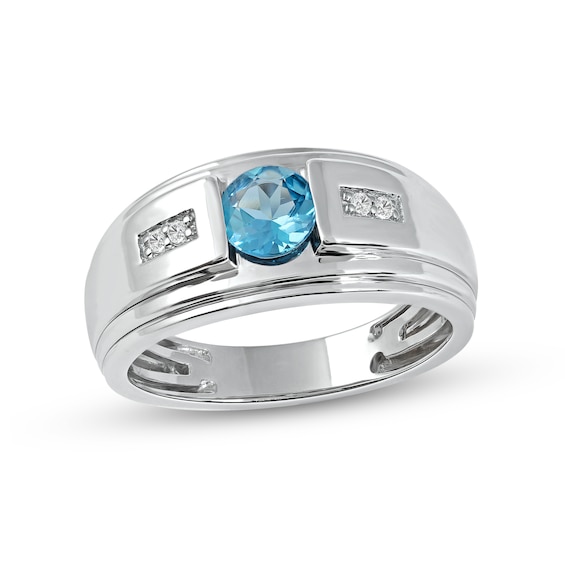6.0mm Swiss Blue Topaz and 1/20 CT. T.w. Diamond Stepped Edge Ring in Sterling Silver