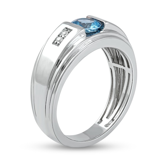 6.0mm Swiss Blue Topaz and 1/20 CT. T.w. Diamond Stepped Edge Ring in Sterling Silver