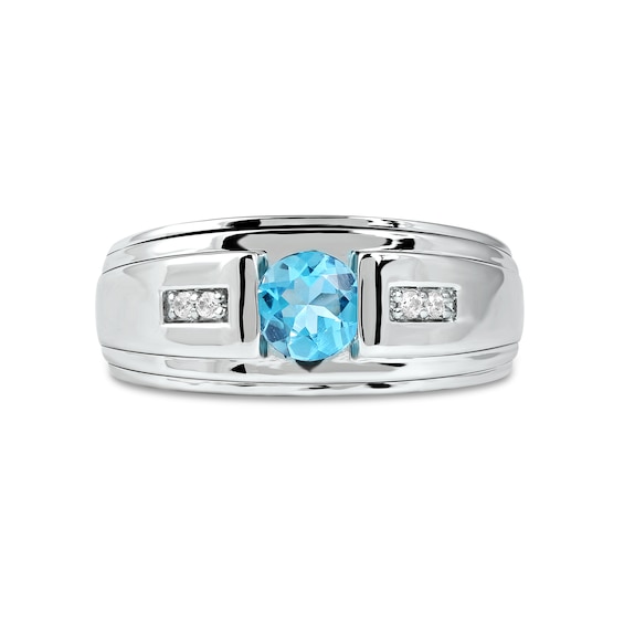 6.0mm Swiss Blue Topaz and 1/20 CT. T.w. Diamond Stepped Edge Ring in Sterling Silver