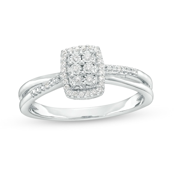 1/10 CT. T.w. Emerald-Shaped Multi-Diamond Frame Split Shank Promise Ring in Sterling Silver