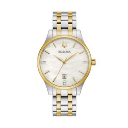 Ladies' Bulova Two-Tone Watch with Mother-of-Pearl Dial (Model: 98P201)