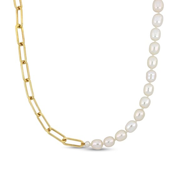 Baroque Freshwater Cultured Pearl and Paper Clip Chain Half-and-Half Necklace in Sterling Silver with 18K Gold Plate