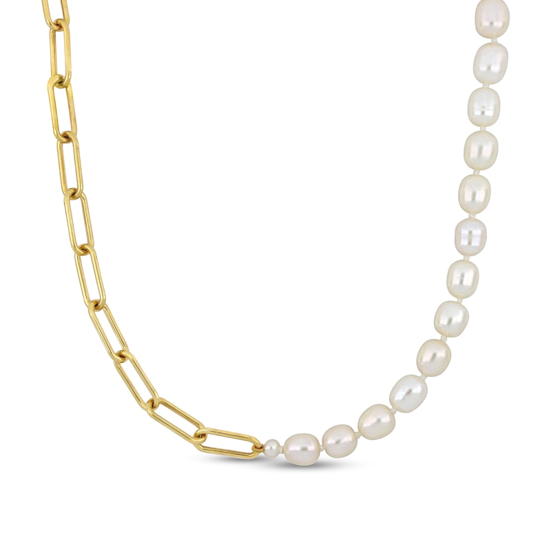 Baroque Cultured Freshwater Pearl and Paper Clip Chain Half-and-Half  Necklace in Sterling Silver with 18K Gold Plate | Zales
