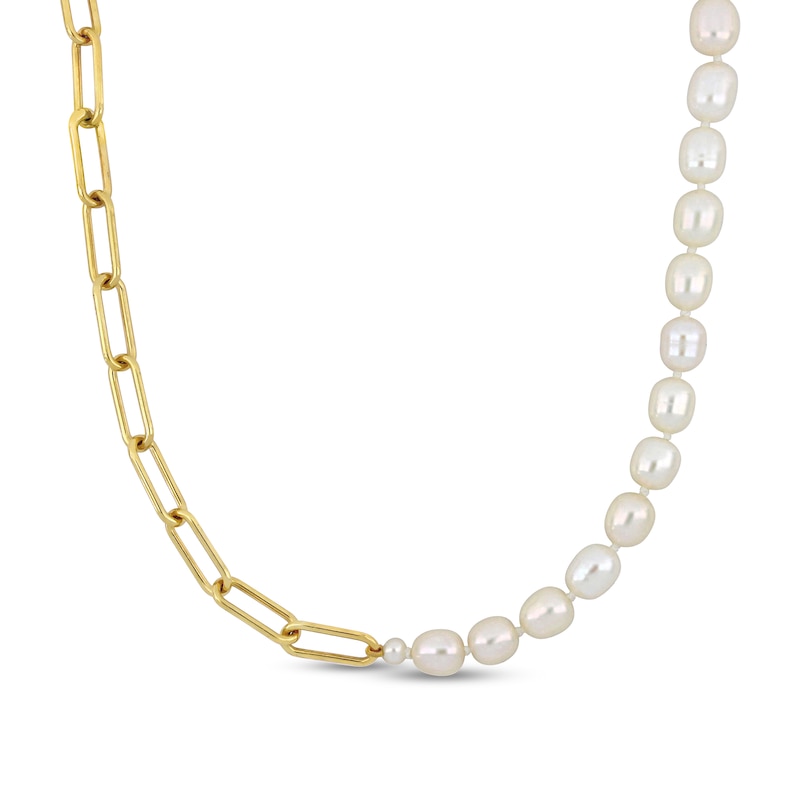 Baroque Cultured Freshwater Pearl and Paper Clip Chain Half-and-Half Necklace in Sterling Silver with 18K Gold Plate