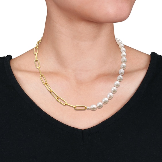 Baroque Freshwater Cultured Pearl and Paper Clip Chain Half-and-Half Necklace in Sterling Silver with 18K Gold Plate