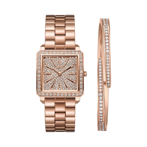 Ladies' JBW Cristal Square 1/8 CT. T.w. Diamond and Crystal Accent 18K Rose GP Watch and Bangle Set (Model: J6387-SetB)