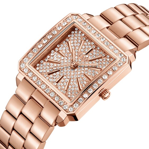 Ladies' JBW Cristal Square 1/8 CT. T.w. Diamond and Crystal Accent 18K Rose GP Watch and Bangle Set (Model: J6387-SetB)