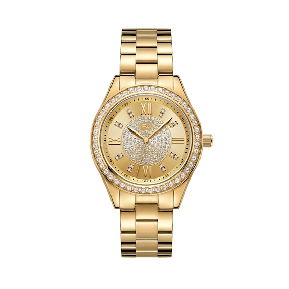 Ladies' JBW Mondrian 1/6 CT. T.w. Diamond and Crystal Accent 18K Gold Plate Watch with Gold-Tone Dial (Model: J6388A)