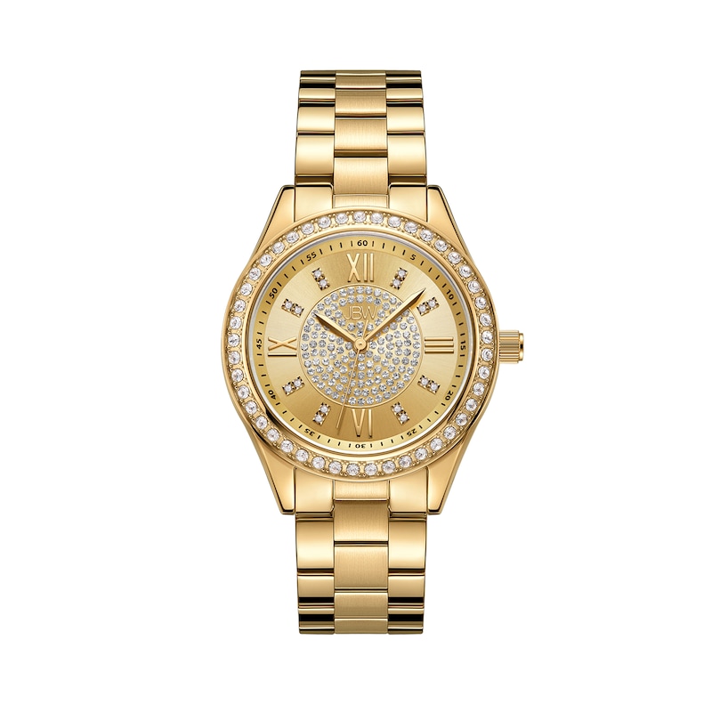 Ladies' JBW Mondrian 1/6 CT. T.W. Diamond and Crystal Accent 18K Gold Plate Watch with Gold-Tone Dial (Model: J6388A)