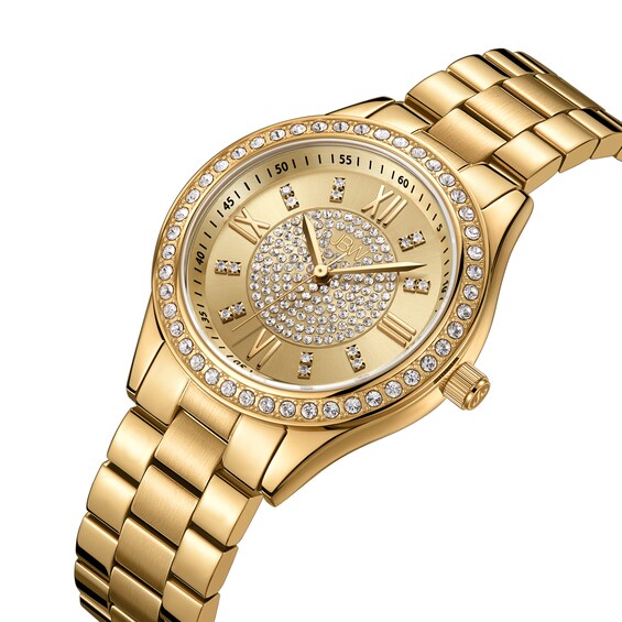 Ladies' JBW Mondrian 1/6 CT. T.w. Diamond and Crystal Accent 18K Gold Plate Watch with Gold-Tone Dial (Model: J6388A)