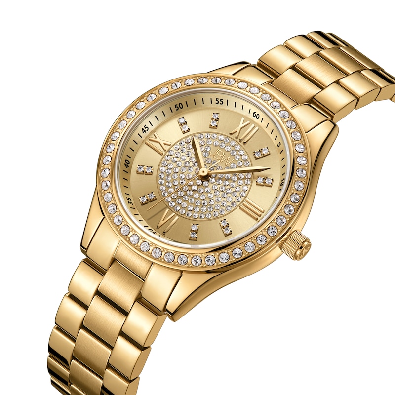 Ladies' JBW Mondrian 1/6 CT. T.W. Diamond and Crystal Accent 18K Gold Plate Watch with Gold-Tone Dial (Model: J6388A)