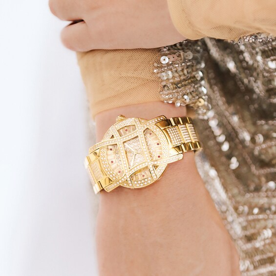 Ladies' Limited Edition JBW Olympia PS Diamond and Ruby Accent 18K Gold Plate Watch with Gold-Tone Dial (Model: Ps510A)