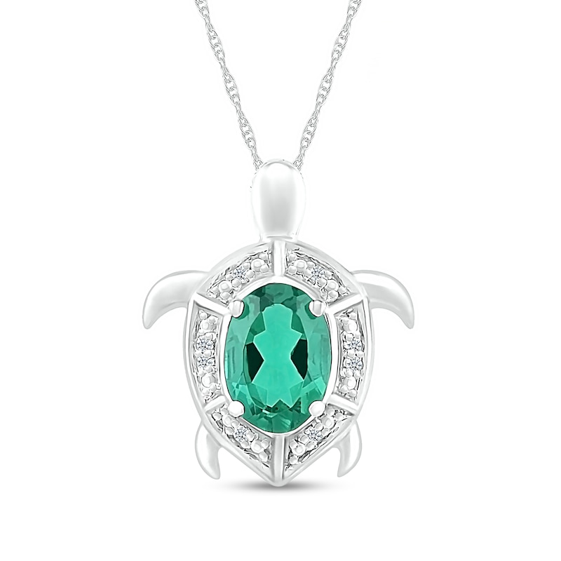 Main Image 1 of Oval Lab-Created Emerald and Diamond Accent Beaded Shell Pattern Sea Turtle Pendant in Sterling Silver