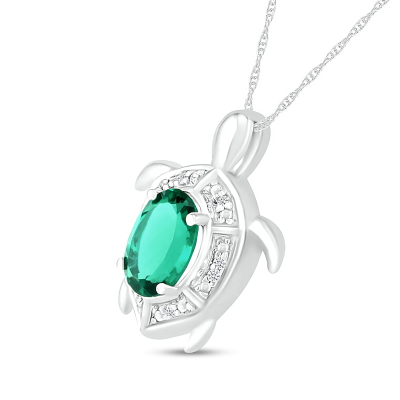 Main Image 2 of Oval Lab-Created Emerald and Diamond Accent Beaded Shell Pattern Sea Turtle Pendant in Sterling Silver