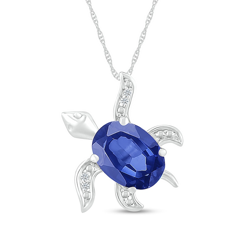 Main Image 1 of Oval Blue Lab-Created Sapphire and Diamond Accent Beaded Tilted Sea Turtle Pendant in Sterling Silver