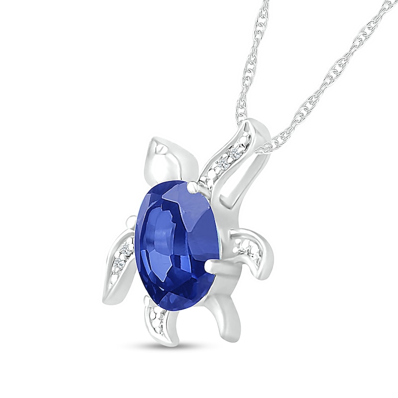 Main Image 2 of Oval Blue Lab-Created Sapphire and Diamond Accent Beaded Tilted Sea Turtle Pendant in Sterling Silver