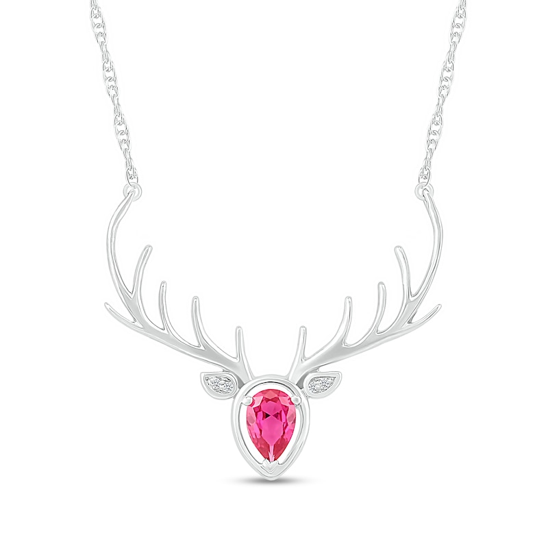 Main Image 1 of Pear-Shaped Lab-Created Ruby and Diamond Accent Deer with Antlers Necklace in Sterling Silver
