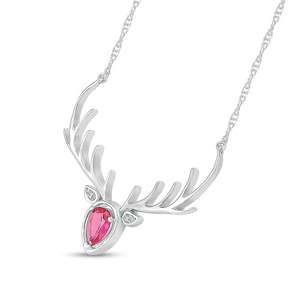 Pear-Shaped Lab-Created Ruby and Diamond Accent Deer with Antlers Necklace in Sterling Silver