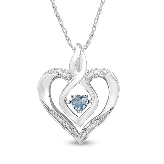 Simulated Aquamarine and Diamond Accent Heart with Open Flame Infinity Pendant in Sterling Silver