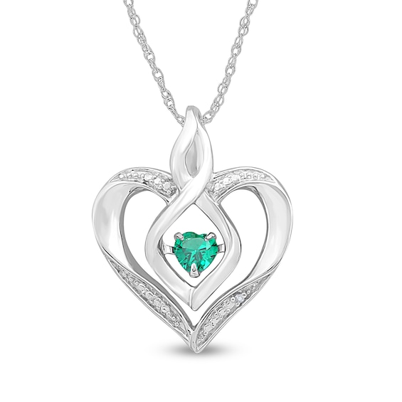 Lab-Created Emerald and Diamond Accent Heart with Open Flame Infinity Pendant in Sterling Silver