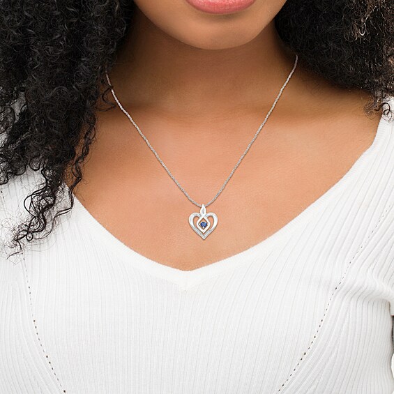Blue Lab-Created Sapphire and Diamond Accent Heart with Open Flame Infinity Pendant in Sterling Silver
